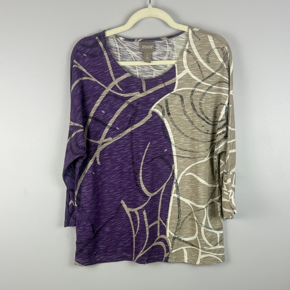 Chico's Cotton Modal Blend Purple Tan Round Neck Abstract 3/4 Sleeve Medium Top - Picture 2 of 11